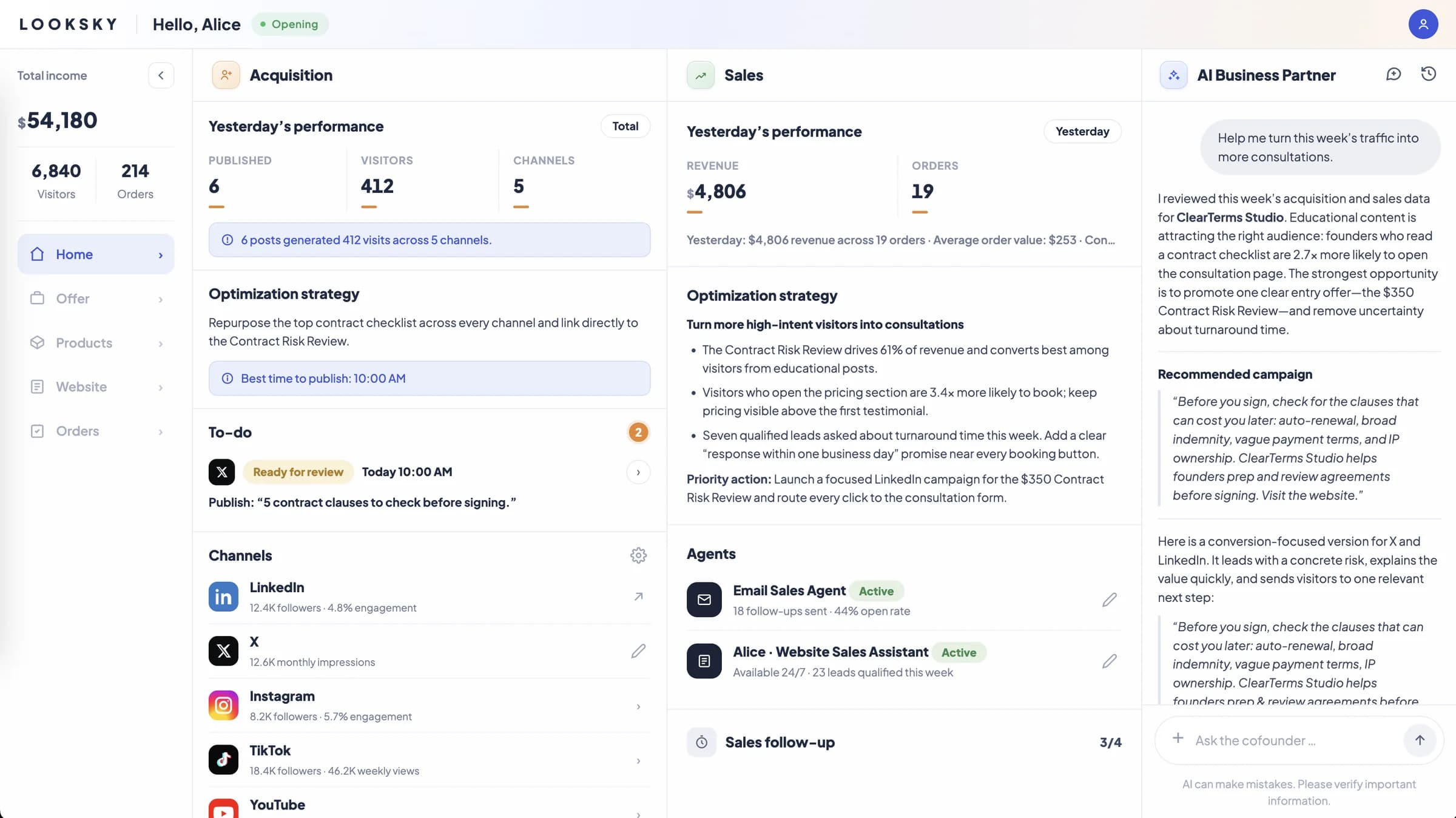 LookSky workspace: total revenue and navigation on the left; daily marketing and sales data, optimization recommendations, and tasks in the center; and an AI Business Partner conversation on the right