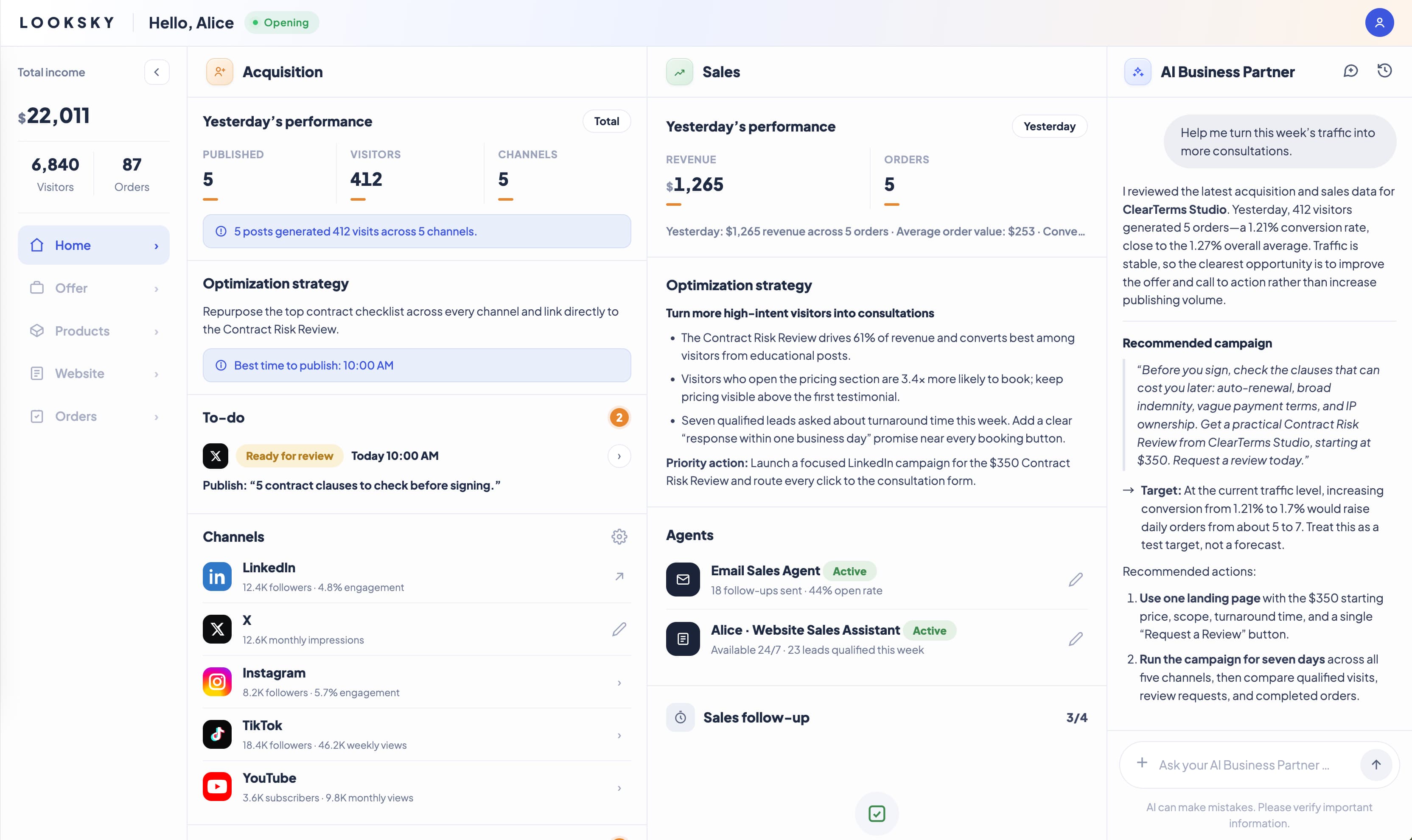 LookSky AI business workspace dashboard for revenue marketing and sales