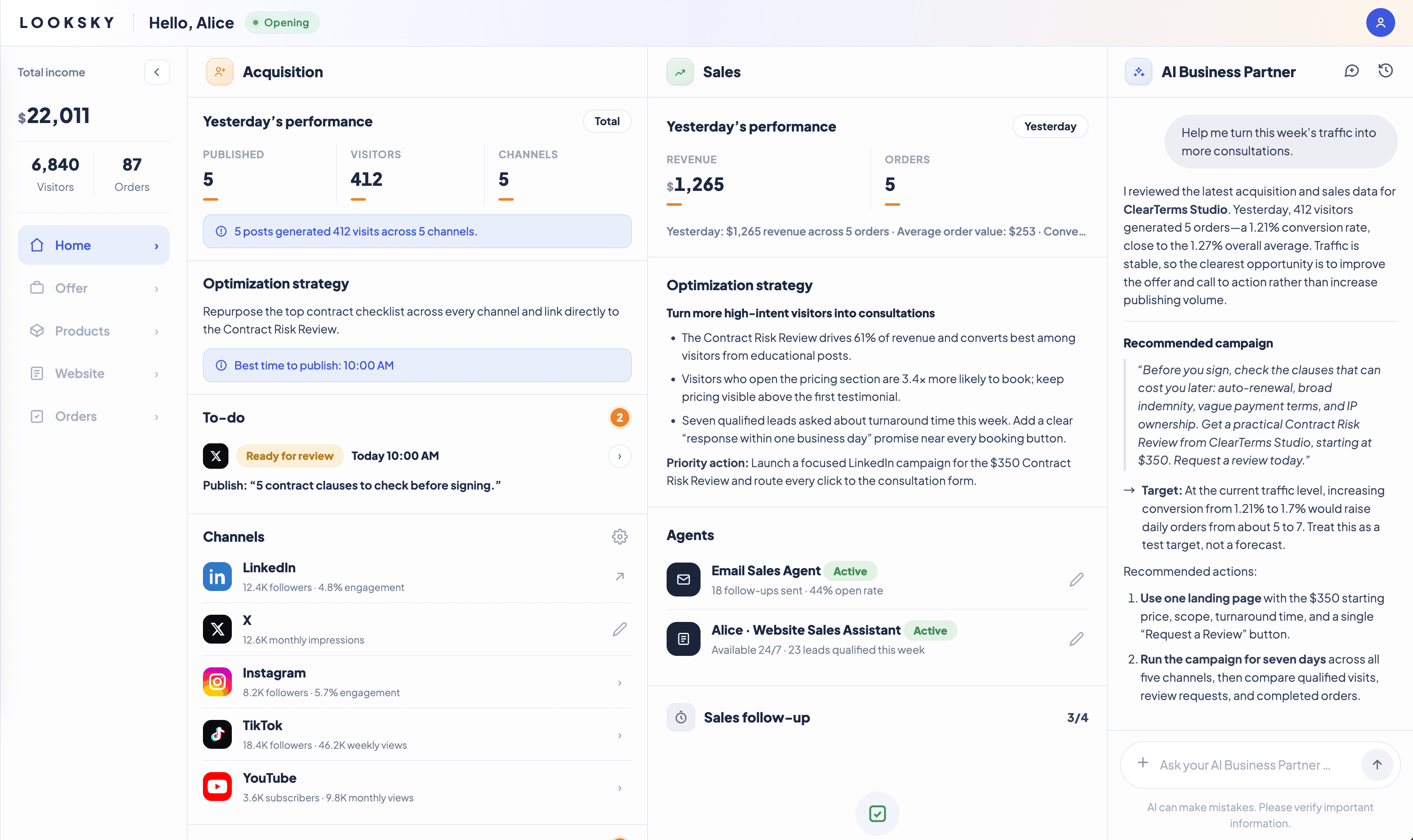 LookSky workspace: total revenue and navigation on the left; daily marketing and sales data, optimization recommendations, and tasks in the center; and an AI Business Partner conversation on the right